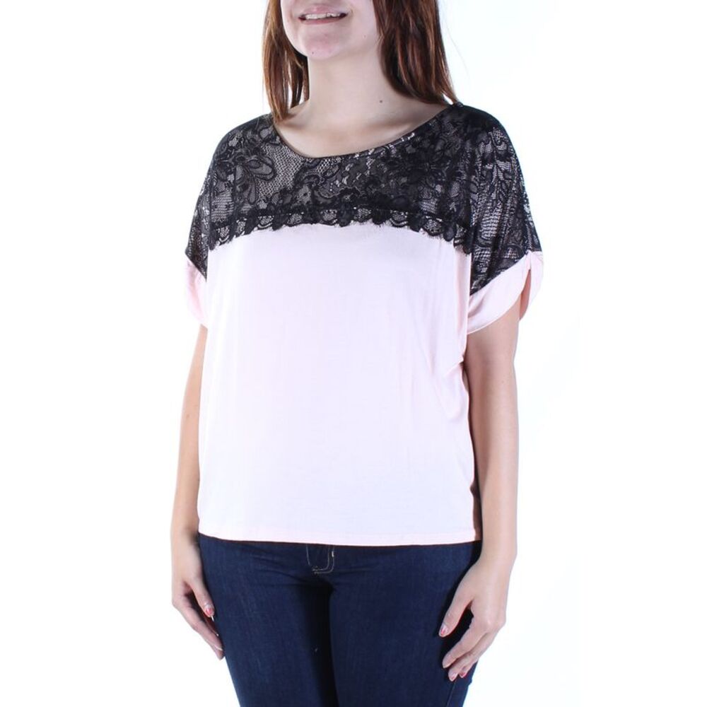 MON AMI Womens Pink Black Lace Jewel Neck Short Sleeve Top S